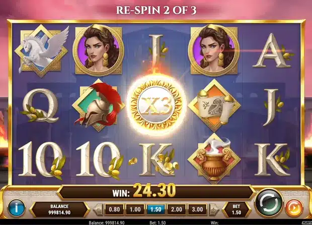 Athena Ascending free spins respin screenshot showing an x3 sticky multiplier wild on the middle reel