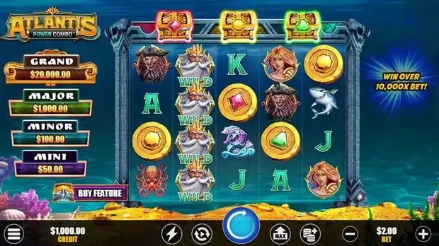 Atlantis Power Combo base game with a stacked Poseidon wild column on reel two and the Grand to Mini prize ladder down the left