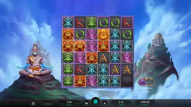 Aura God base game showing the 6x6 grid, deity symbols, purple mystery frames and the Upgrade Spins meter