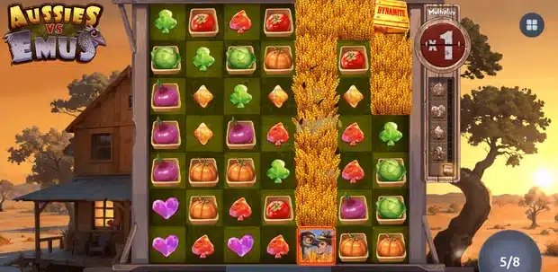 Aussies Vs Emus free games screen showing a tall column of Mystery Wheat down the grid, a multiplier dial and a five of eight spin counter
