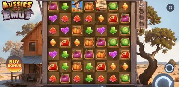 Aussies Vs Emus base game showing the seven by seven grid of vegetable baskets and gem card suits in front of an outback farmhouse