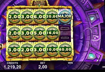 Aztec Might Cash Spree Sticky Free Spins round on the purple bonus background with fourteen of the fifteen grid positions locked with cash symbols including a MAJOR disc