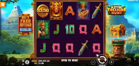 Aztec Treasure Hunt slot screenshot showing the five reel Aztec temple grid