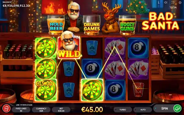 Bad Santa slot screenshot showing the 5x3 bar reel set, a Santa wild on reel two and the Hold Beer, Drunk Games and Boozy Guns glasses above the grid