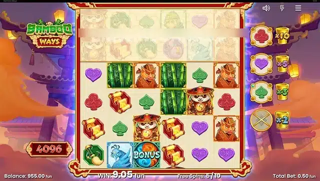 Bamboo Ways free spins showing the fully expanded 46,656 ways grid and multiplier trackers