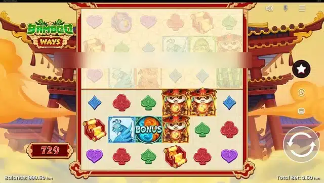 Bamboo Ways base game showing the locked upper rows and an expanding panda wild