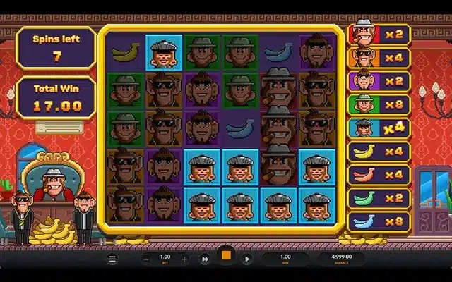 Banana Town Dream Drop free spins round showing 7 spins left and a running total win of 17.00