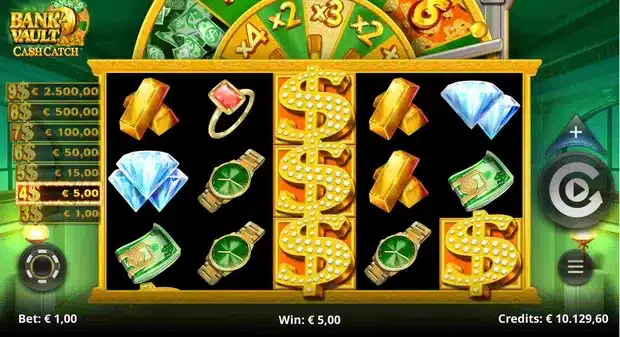 Bank Vault screenshot showing four gold Diamond Dollar symbols paying five euros at a one euro bet, with the four-symbol rung of the prize ladder highlighted