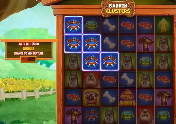 Barkin' Clusters slot screenshot showing five spiked dog collars locked in a highlighted cluster with a BONUS fire hydrant symbol on the grid