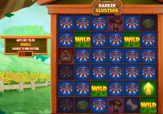 Barkin' Clusters slot base game screenshot showing the 6x6 grid filled with spiked dog collars, four green WILD tiles and a gold upgrade arrow