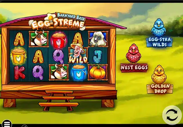 Barnyard Bash Egg-streme gameplay showing the farmer wild on the middle row, a cow, a sheep and a pumpkin in wooden frames, and yellow, red and blue chicken feed buckets across the five reels