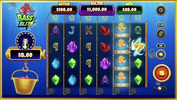 Bass Blitz slot screenshot showing the 6x4 reel grid, Power Meter and jackpot tiers