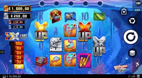 Bass Cash Diamond X Up slot screenshot showing the 5x4 grid and X UP multiplier trail