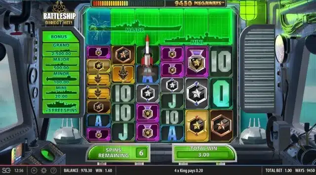 Battleship Direct Hit free spins showing a missile targeting the jackpot ladder