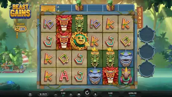 Beast Gains slot screenshot showing the 6x4 tiki mask grid and jungle river backdrop