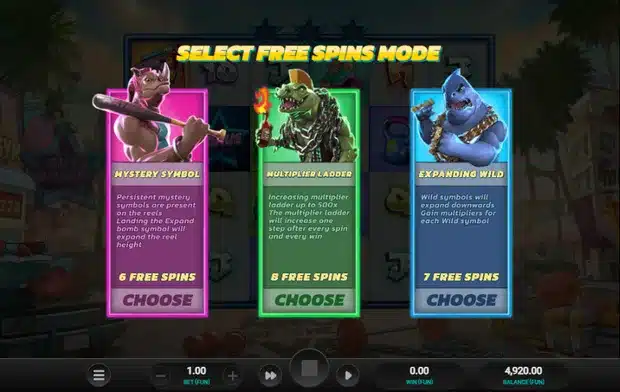 Beast Mode Select Free Spins Mode screen offering Mystery Symbol, Multiplier Ladder and Expanding Wild