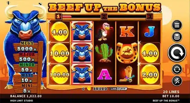 Beef Up The Bonus base game screenshot with five gold coin symbols on the reels and the five tier prize ladder beside them