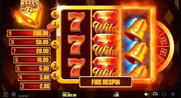 Bells of Fire slot Fire Respin, with three red sevens on reel one, three diamond Wild symbols on reel two and bells blurred on the respinning third reel