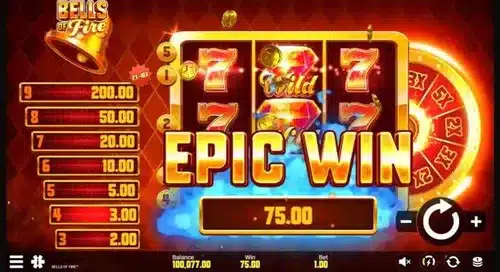 Bells of Fire slot EPIC WIN banner across the reels with a 75.00 win panel beneath it