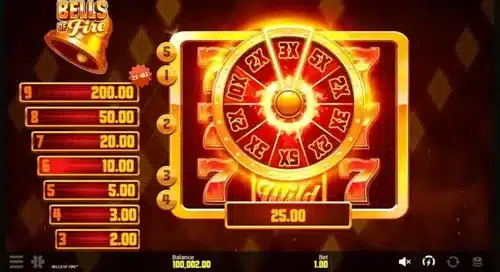 Bells of Fire slot Wheel of Fortune, a burning multiplier wheel covering the reels with the pointer resting on 3X
