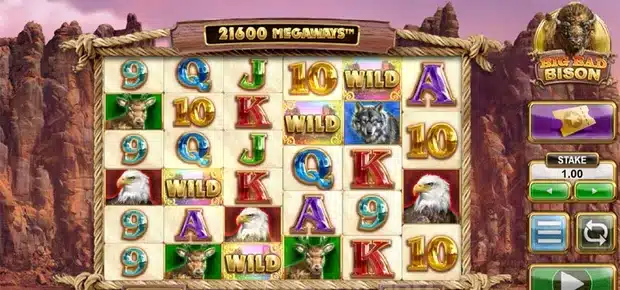 Big Bad Bison base game with a 21600 Megaways board and four wild symbols across the middle reels