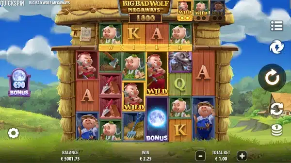 Big Bad Wolf Megaways slot screenshot showing Piggy Wild symbols and the Moon Bonus scatter