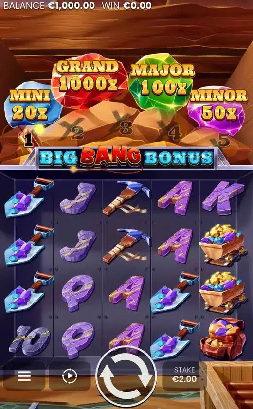 Big Bang Bonus Hold and Win base game screenshot showing the Mini 20x, Grand 1000x, Major 100x and Minor 50x jackpot gems above a five by four grid of shovels, pickaxes and cracked purple card royals