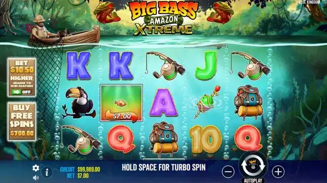 Big Bass Amazon Xtreme base game with jungle reels, a money fish and the ante bet toggle