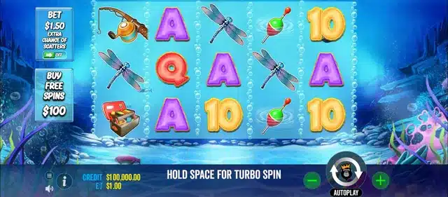 Big Bass Bonanza base game reels showing the fishing rod, tackle box and card symbols