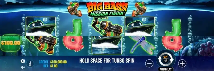 Big Bass Mission Fishin base game showing the reel set and money symbols