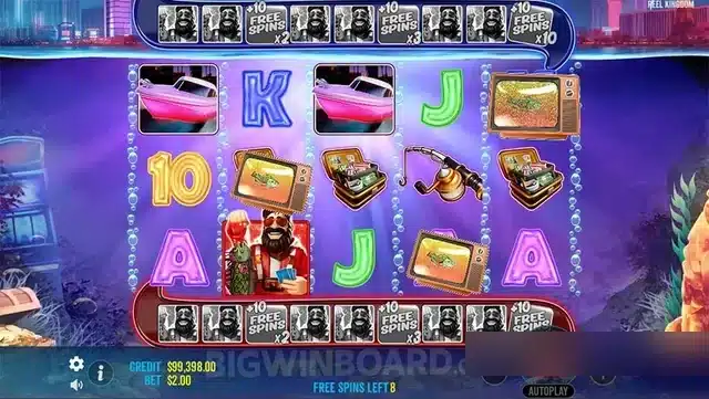 Big Bass Vegas Double Down Deluxe free spins with a wild fisherman collecting money symbols