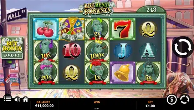 Big Benji Bonanza slot screenshot showing the Wall Street themed 5x3 reel grid with US president caricature symbols and the Buy Bonus panel