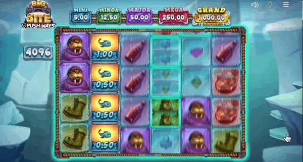 Big Bite Push Ways slot screenshot showing the base game grid with Hot Zones and the jackpot ladder