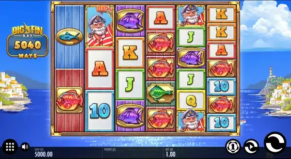 Big Fin Bay slot base game screenshot showing the reels, symbols and 5,040 ways counter
