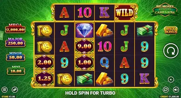 Big Money Frenzy Cash Gains base game showing the four tier Mega, Major, Minor and Mini prize ladder beside a six reel grid with four gold framed cash values