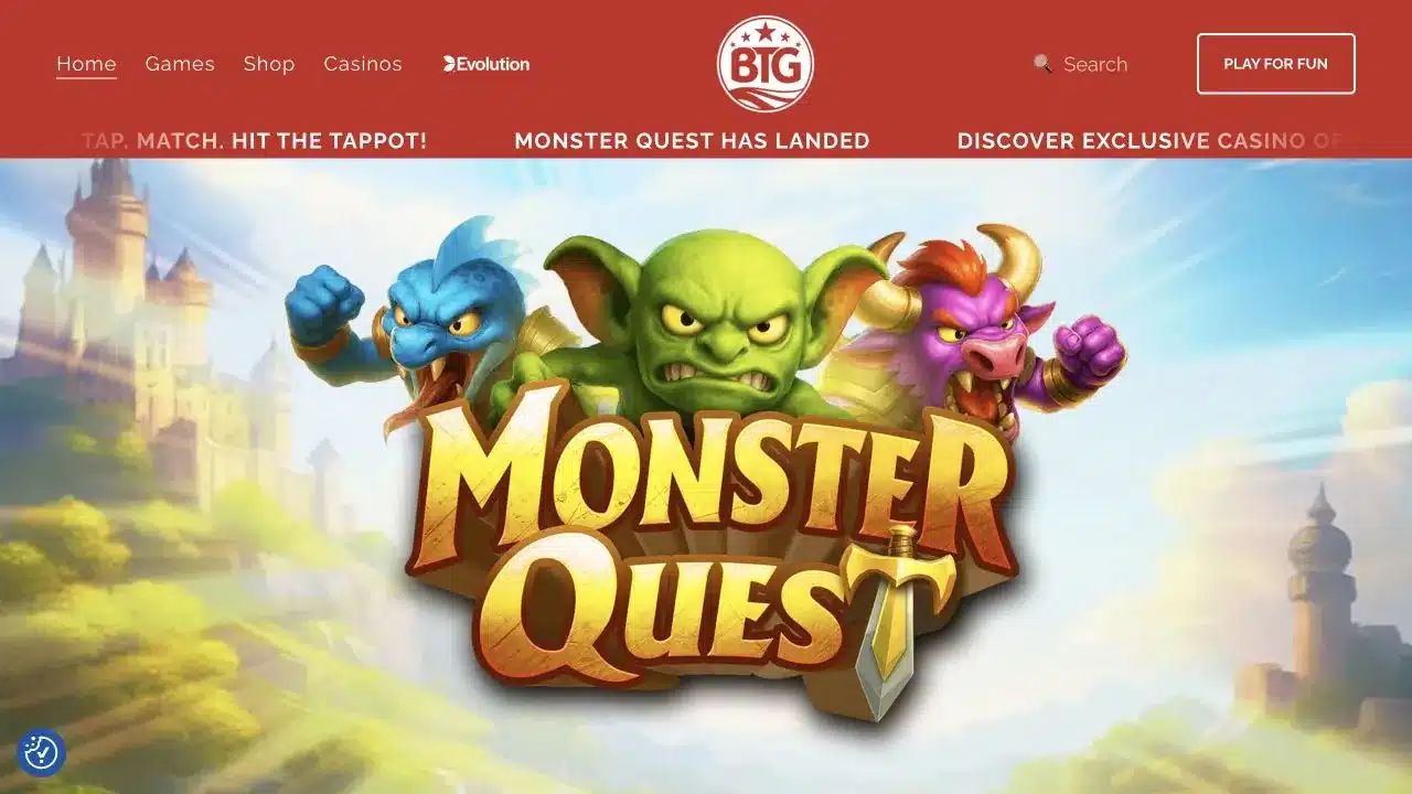 Big Time Gaming official homepage showing its current studio branding and Evolution connection, checked July 2026