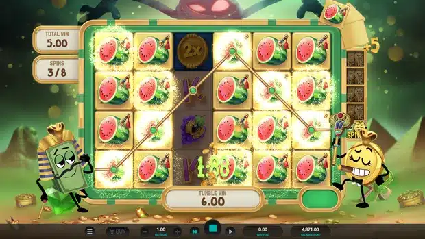 Bill and Coin 2 Mummy Mischief free spins with an expanding watermelon symbol and win lines traced across the reels