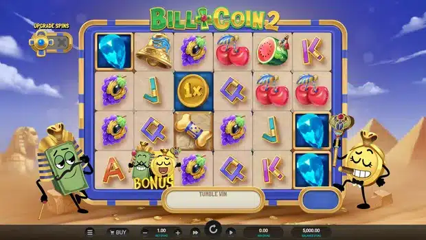 Bill and Coin 2 Mummy Mischief base game with a Bone Wild and a BONUS symbol on the 6x4 grid