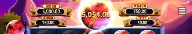 Bison Moon jackpot plaques reading Mega 5,000.00, Major 750.00, Minor 150.00 and Mini 50.00 with a large red moon between them showing 5,054.00