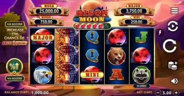Bison Moon base game showing a full stacked bison wild on reel two, red moon symbols with Major and Mini labels, and the four jackpot plaques above the reels