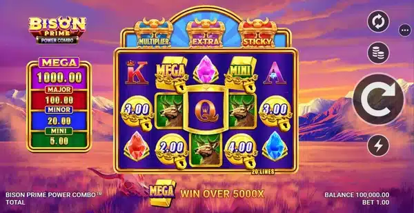 Bison Prime Power Combo slot screenshot showing the 5x3 reel grid, money collect symbols and jackpot ladder