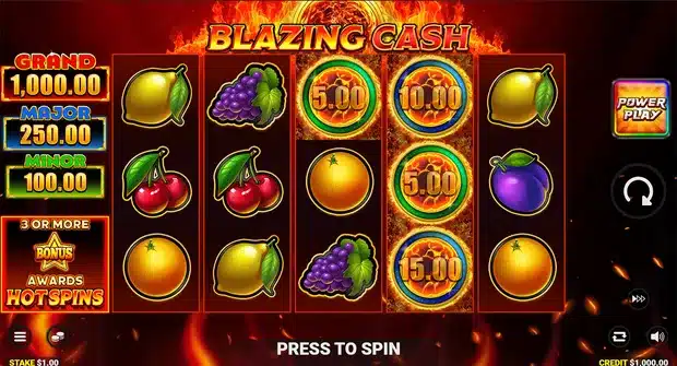 Blazing Cash base game reels with fireball cash symbols and the Grand, Major and Minor jackpot meters
