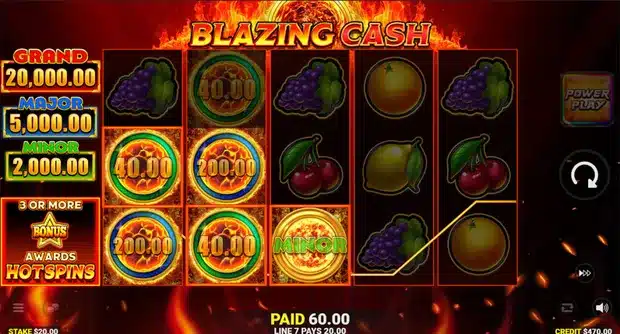 Blazing Cash spin at a 20.00 stake with fireball cash symbols and a Minor jackpot disc on the reels