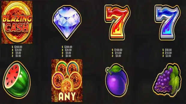 Blazing Cash paytable screen showing the Blazing Cash disc, diamond, red seven and blue seven symbol values