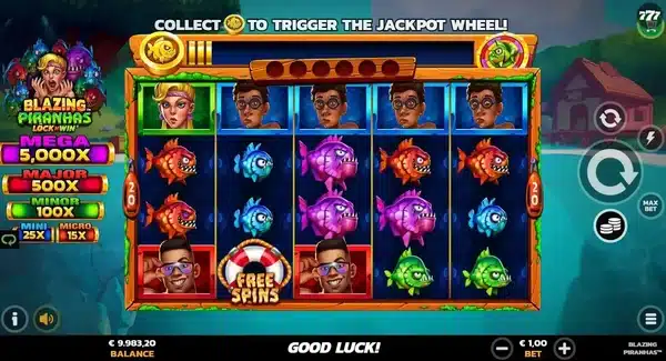 Blazing Piranhas slot screenshot showing the five reel piranha attack grid and the five-tier jackpot ladder
