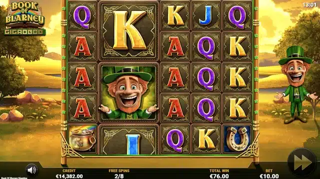 Book Of Blarney Gigablox slot gameplay screenshot showing the free spins round with an oversized leprechaun GigaBlox symbol