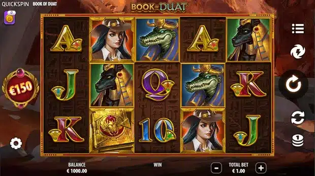Book of Duat base game screenshot showing the 5x3 reels with Anna the explorer, Anubis, Sobek and the gold book symbol