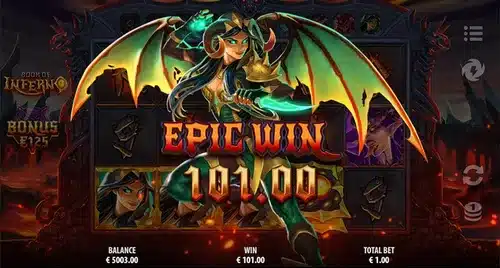 Book Of Inferno epic win screen paying 101.00 from a 1.00 total bet
