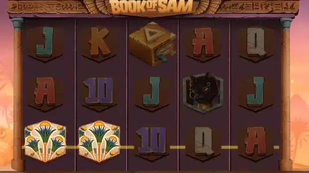 Book of Sam payline win with two lotus tiles on the bottom row and the win line lit across all five reels