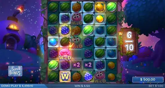 Boomberries slot bonus round screenshot with a 6 of 10 drop counter, two x2 multiplier tiles and four berry wilds on the grid